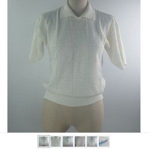 Vintage White Women Blouse Blouson Ribbed Knit Collared by Tradition Sears Small